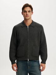 Cotton On Black Zip Through Knitted Bomber Jumper - Image 1 of 4