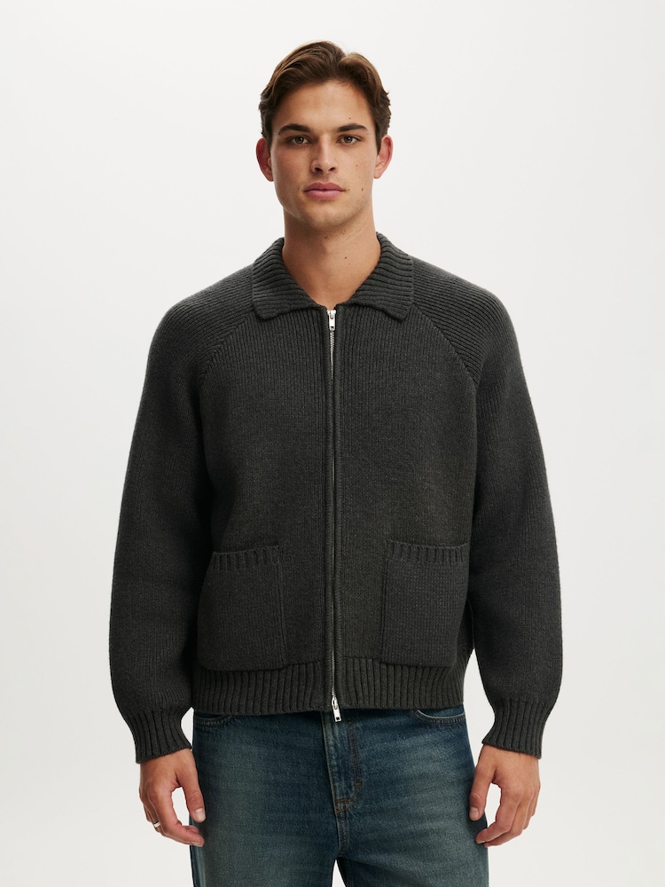 Cotton On Black Zip Through Knitted Bomber Jumper - Image 1 of 4 Cotton On Black Zip Through Knitted Bomber Jumper - Image 1 of 4