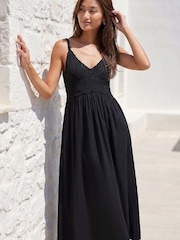 Roman Black Ground Crochet Strappy Midi Dress - Image 1 of 4