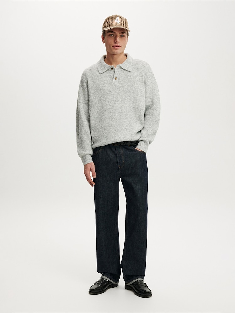 Açıq Boz - Cotton On Box Fit Rugby Polo Knit Jumper - 4şəkildən 4 şəkil