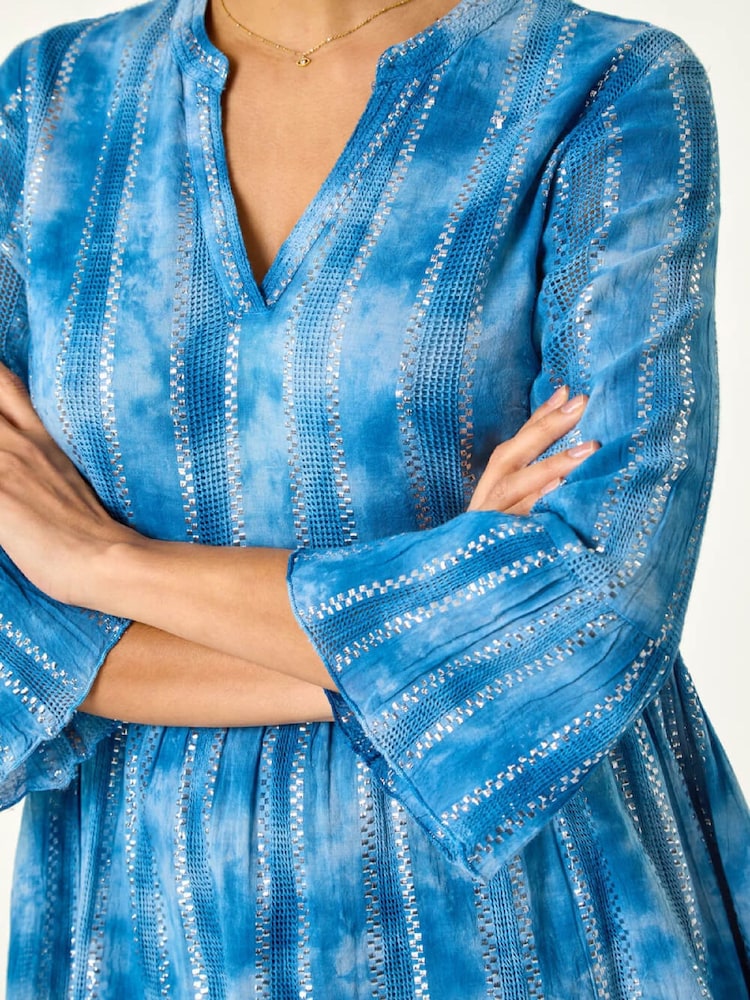 Roman Blue Tie Dye Shimmer Smock Dress - Image 5 of 5