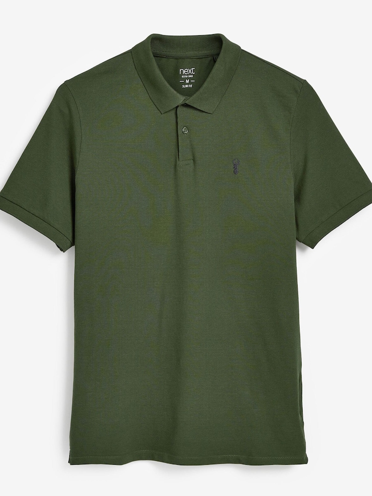 Green Dark Khaki Slim Fit Short Sleeve Pique Polo Shirt - Image 4 of 4