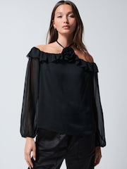 Черный - Топ-халтер с длинными рукавами и корсажным принтом - Image 4 of 7