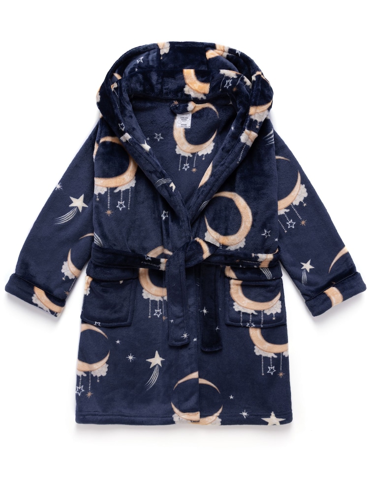 Chelsea Peers Blue Kids Fleece Lunar Print Dressing Gown - Image 1 of 2 Chelsea Peers Blue Kids Fleece Lunar Print Dressing Gown - Image 1 of 2