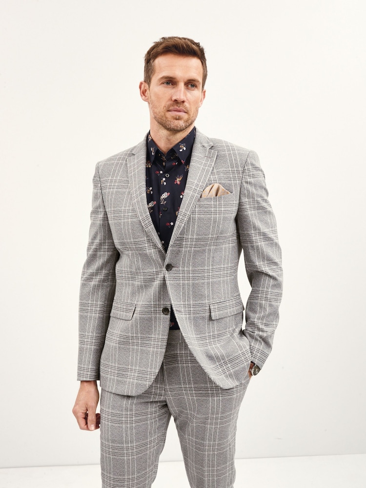 Grey Slim Check Suit Jacket - Image 1 of 12