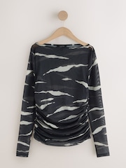Zebra Print Ruched Long Sleeved Mesh Top - Image 1 of 3