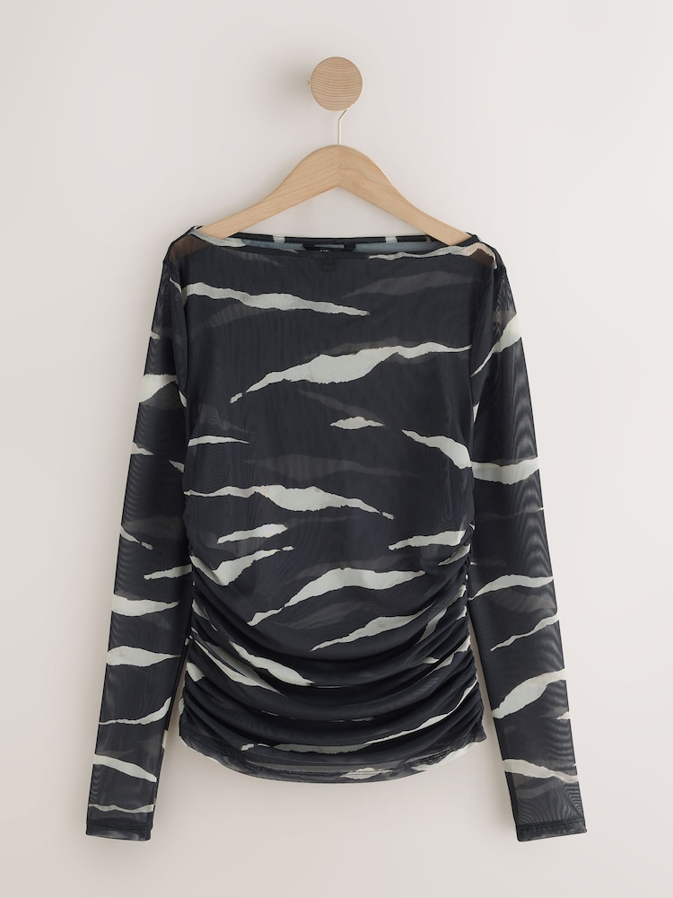 Zebra Print Ruched Long Sleeved Mesh Top - Image 1 of 3