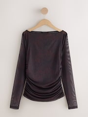 Berry Pink Leopard Animal Print Ruched Long Sleeved Mesh Top - Image 1 of 3