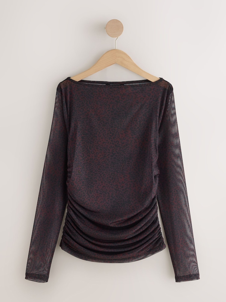 Berry Pink Leopard Animal Print Ruched Long Sleeved Mesh Top - Image 1 of 3