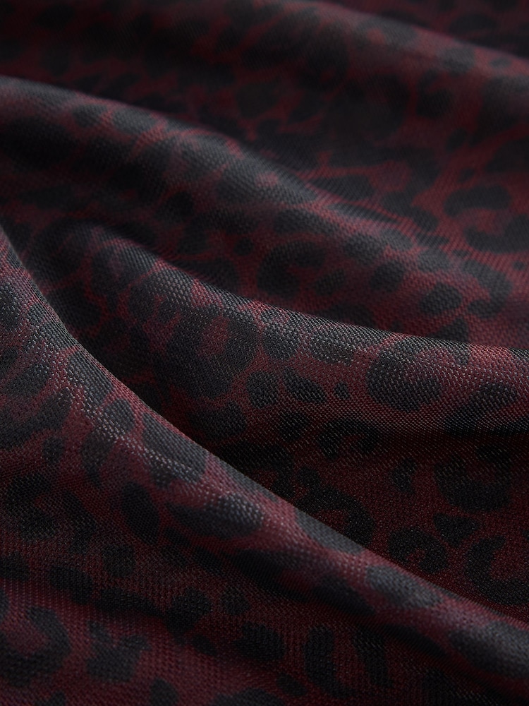 Berry Pink Leopard Animal Print Ruched Long Sleeved Mesh Top - Image 2 of 3