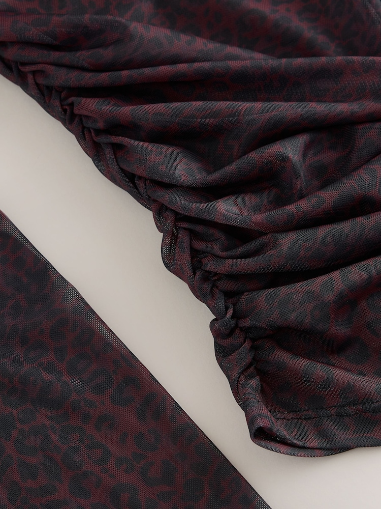 Berry Pink Leopard Animal Print Ruched Long Sleeved Mesh Top - Image 3 of 3