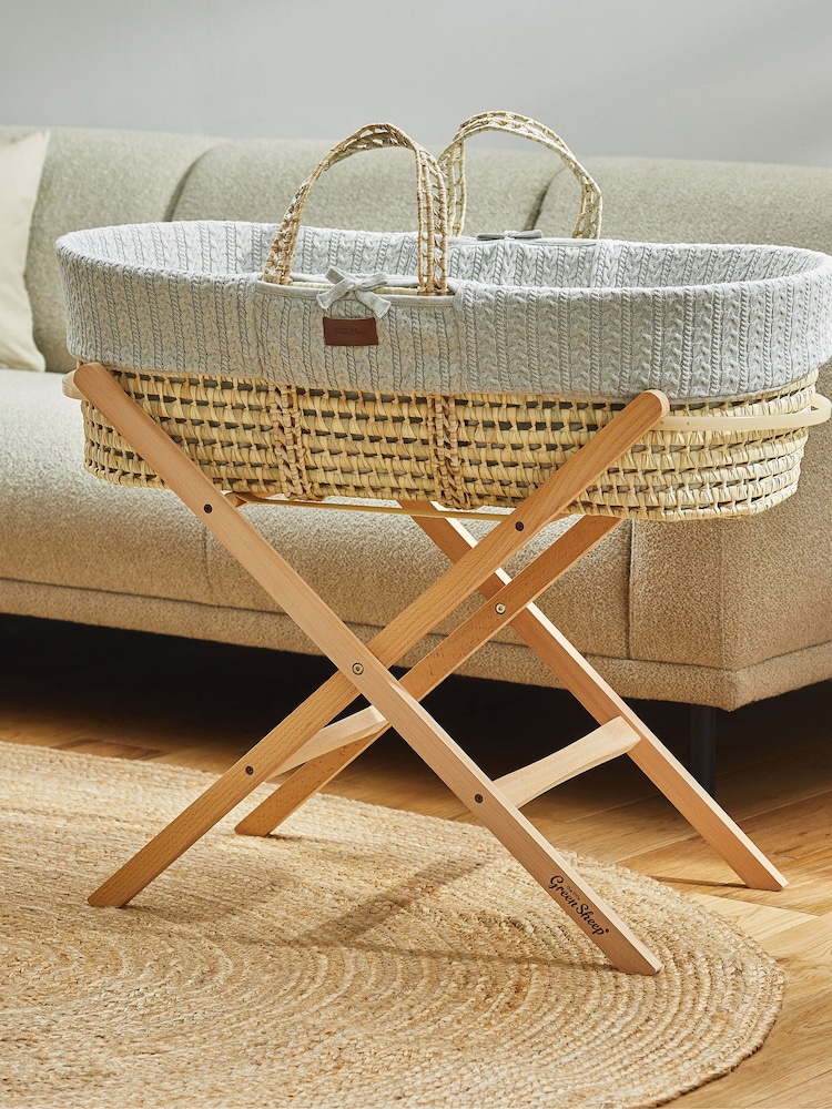 The Little Green Sheep Dove Grey Knitted Moses Basket and Mattress - Image 1 of 5