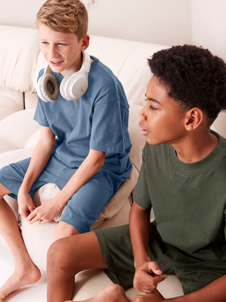 Blue/Green Short Sleeve 100% Cotton Pyjamas Set 2 Pack (3-16yrs) - Image 1 of 6 Blue/Green Short Sleeve 100% Cotton Pyjamas Set 2 Pack (3-16yrs) - Image 1 of 6