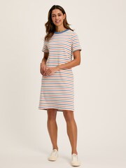 Joules Eden Coral & Blue Striped Short Sleeve Jersey Dress With Pockets - Image 3 of 6