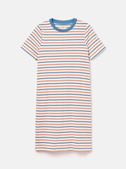 Joules Eden Coral & Blue Striped Short Sleeve Jersey Dress With Pockets - Image 6 of 6