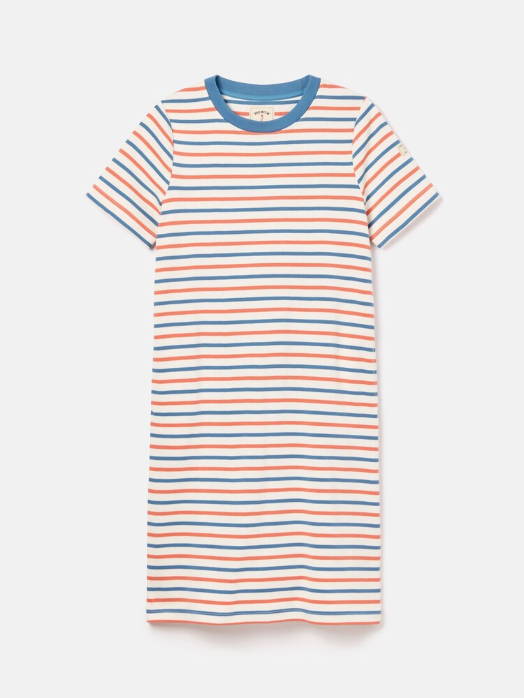 Joules Eden Coral & Blue Striped Short Sleeve Jersey Dress With Pockets - Image 6 of 6
