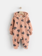 Tan Brown Heart Print Baby Borg Fleece All-In-One Pramsuit (0mths-2yrs) - Image 1 of 6