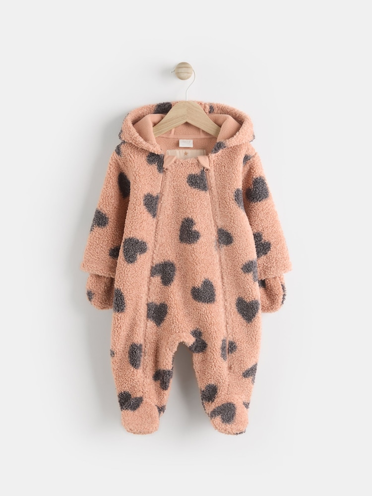 Tan Brown Heart Print Baby Borg Fleece All-In-One Pramsuit (0mths-2yrs) - Image 1 of 6
