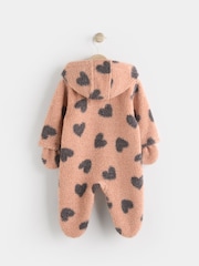 Tan Brown Heart Print Baby Borg Fleece All-In-One Pramsuit (0mths-2yrs) - Image 2 of 6