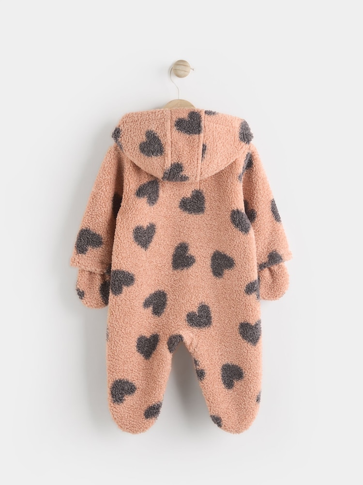 Tan Brown Heart Print Baby Borg Fleece All-In-One Pramsuit (0mths-2yrs) - Image 2 of 6