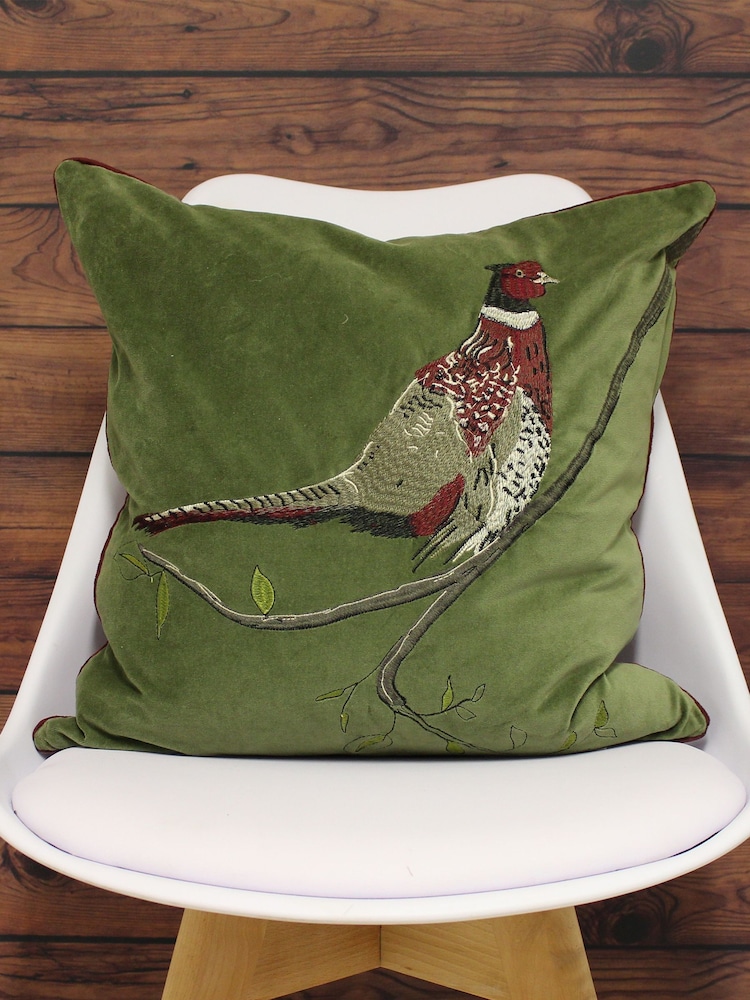 Riva Paoletti Green Hunter Velvet Embroidered Polyester Filled Cushion - Image 1 of 4