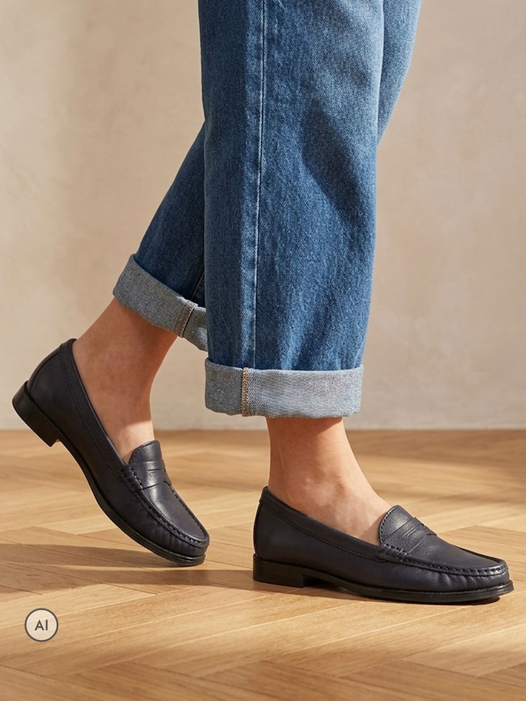 Jones Bootmaker Navy Blue Wide Fit Tamsyn Smart Leather Penny Loafers - Image 1 of 6 Jones Bootmaker Navy Blue Wide Fit Tamsyn Smart Leather Penny Loafers - Image 1 of 6