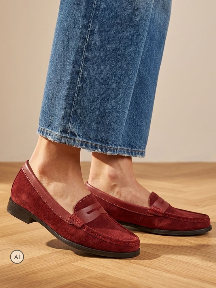 Jones Bootmaker Red Suede Wide Fit Tamsyn Smart Leather Penny Loafers - Image 1 of 6