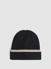Reiss Black/Camel Hattie Wool Ribbed Beanie Hat - Image 1 of 4