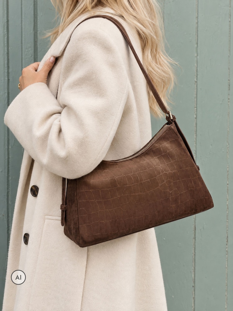 Novo Brown Amanda Faux Croc Suede Shoulder Bag - Image 1 of 4 Novo Brown Amanda Faux Croc Suede Shoulder Bag - Image 1 of 4