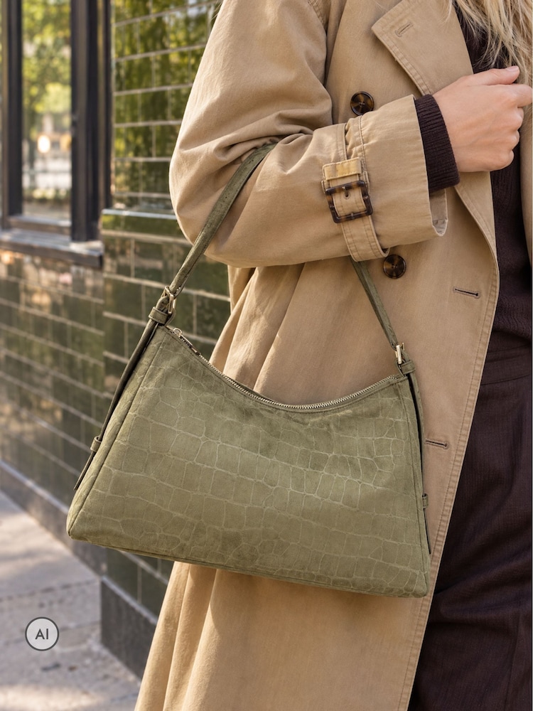 Novo Green Amanda Faux Croc Suede Shoulder Bag - Image 1 of 4 Novo Green Amanda Faux Croc Suede Shoulder Bag - Image 1 of 4
