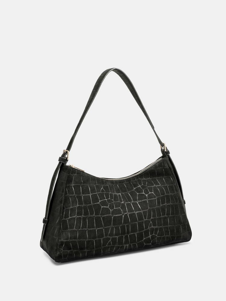 Novo Black Amanda Faux Croc Suede Shoulder Bag - Image 2 of 4 Novo Black Amanda Faux Croc Suede Shoulder Bag - Image 2 of 4