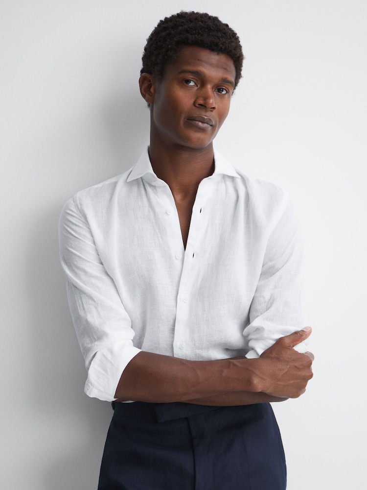 Reiss White Rex Linen Cutaway Collar Shirt - Image 1 of 5