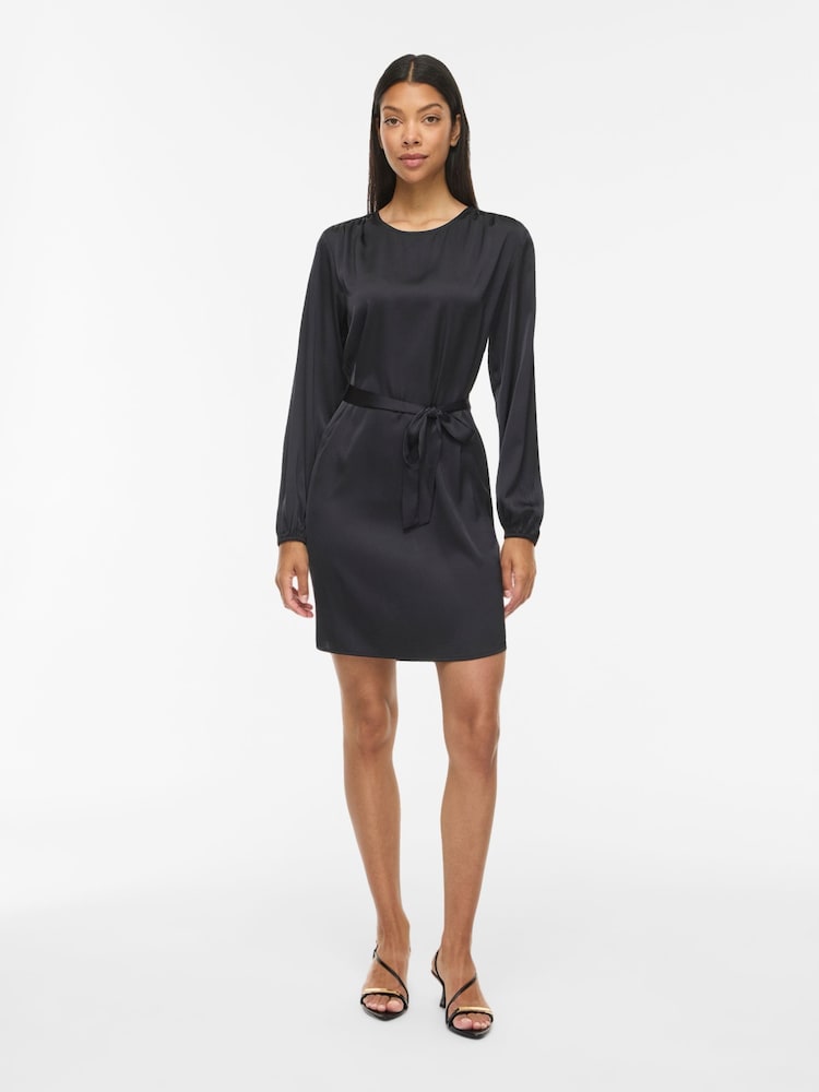 VILA Black Satin Tie Belt Mini Dress - Image 1 of 1 VILA Black Satin Tie Belt Mini Dress - Image 1 of 1