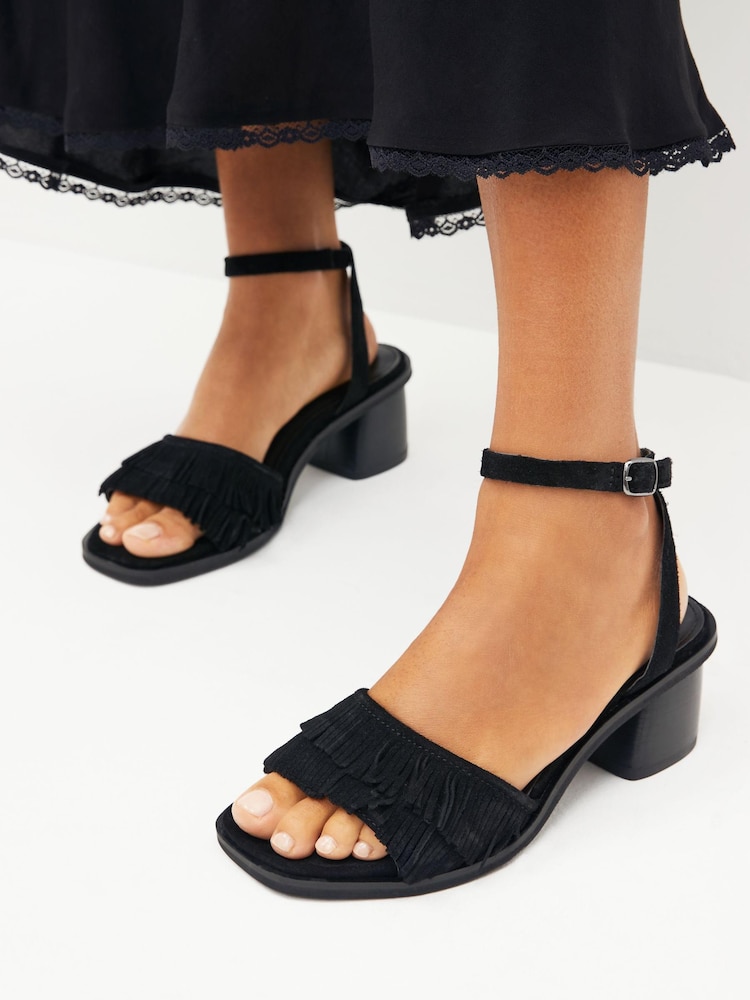 Black Forever Comfort® Fringe Heeled Sandals - Image 1 of 8