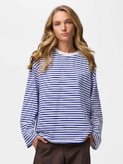 Alb și albastru - PIECES Long Sleeve Jersey Relaxed Top - Imaginea 1 din 6