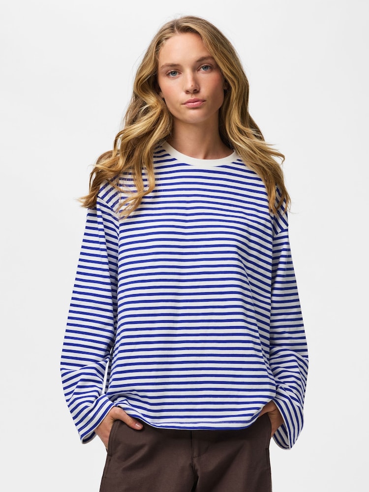 Alb și albastru - PIECES Long Sleeve Jersey Relaxed Top - Imaginea 1 din 6