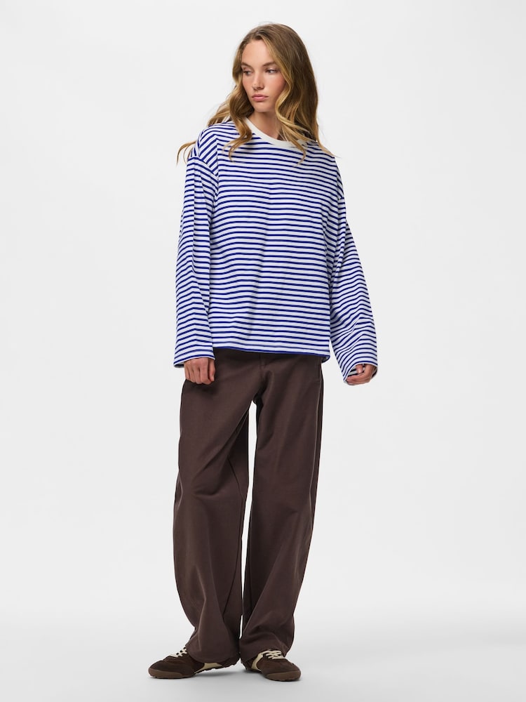 Alb și albastru - PIECES Long Sleeve Jersey Relaxed Top - Imaginea 2 din 6