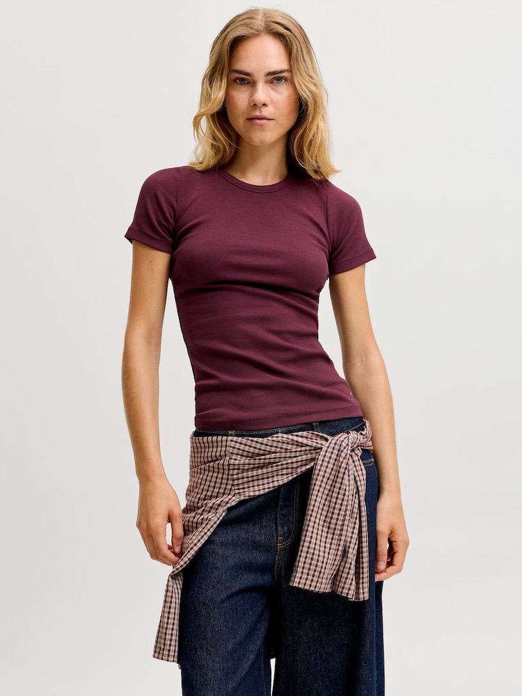 Roșu vișiniu - Tricou mulat striat JJXX Mânecă scurtă - Imaginea 1 din 7