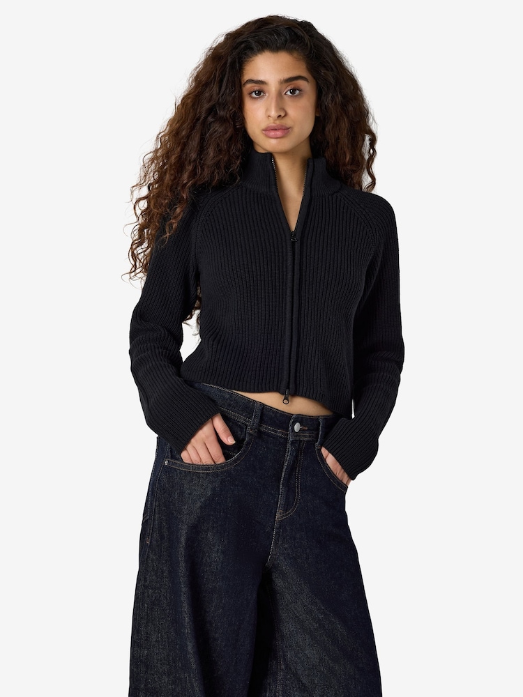 NOISY MAY Black Double Zip Mockneck Knitted Cardigan - Image 1 of 6 NOISY MAY Black Double Zip Mockneck Knitted Cardigan - Image 1 of 6