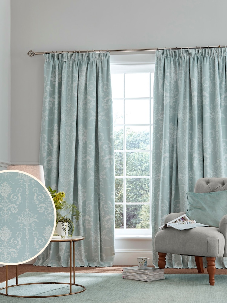 Laura Ashley Duck Egg Blue Josette Blackout 100% Cotton Lined Pencil Pleat Curtains - Image 1 of 3