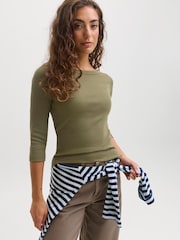 JJXX Green 3/4 Sleeve Boatneck Fitted Top - Image 3 of 5