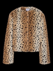 NOISY MAY Brown Animal Deer Print Collarless Faux Fur Short Jacket - Image 7 of 8