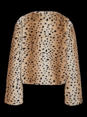 NOISY MAY Brown Animal Deer Print Collarless Faux Fur Short Jacket - Image 8 of 8