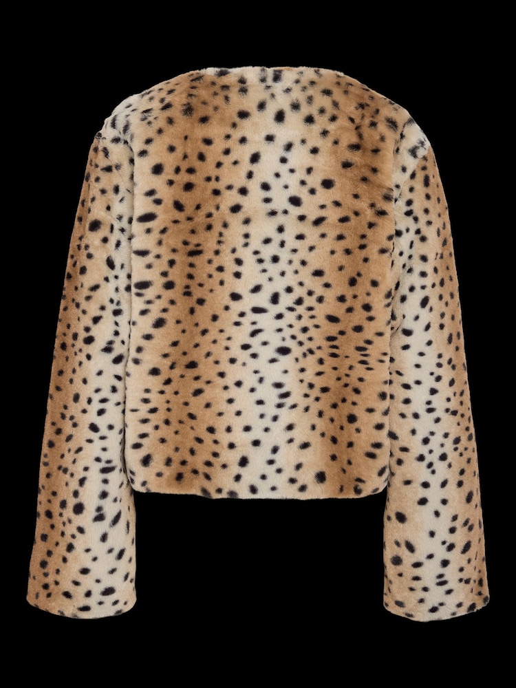NOISY MAY Brown Animal Deer Print Collarless Faux Fur Short Jacket - Image 8 of 8 NOISY MAY Brown Animal Deer Print Collarless Faux Fur Short Jacket - Image 8 of 8