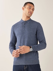 Blue Regular Knitted Long Sleeve Polo Shirt - Image 1 of 6