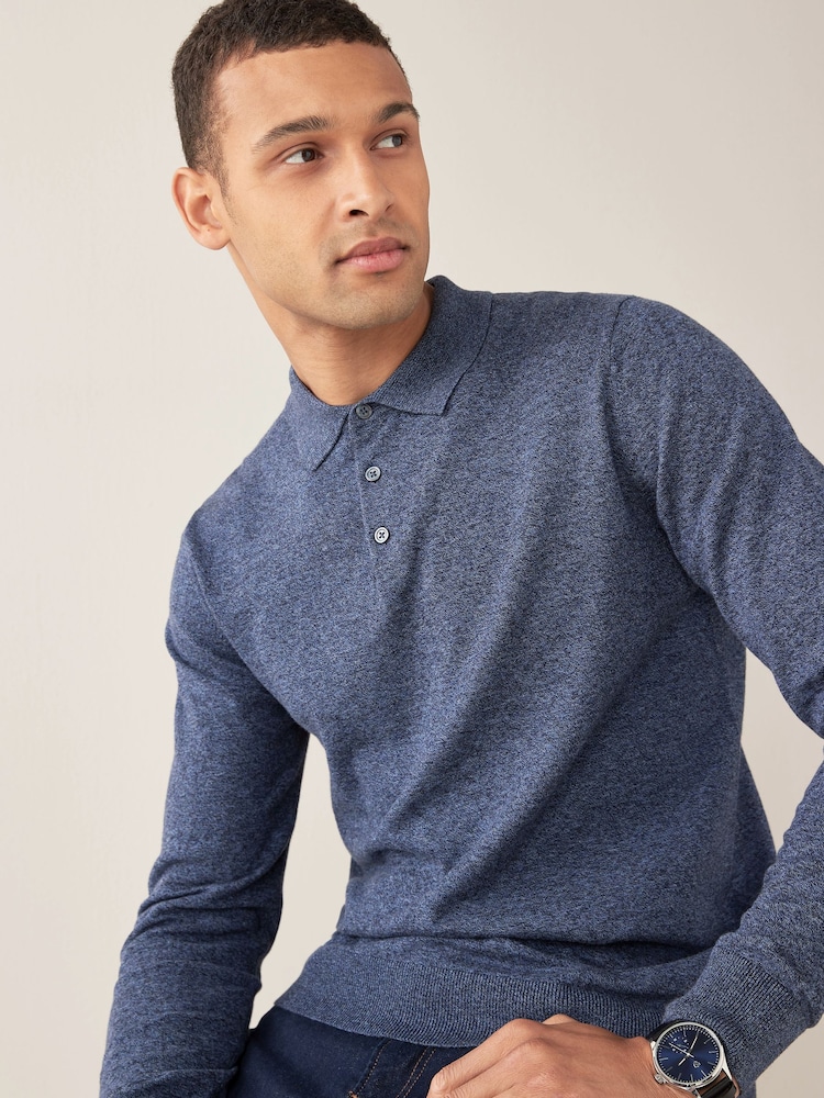 Blue Regular Knitted Long Sleeve Polo Shirt - Image 4 of 6