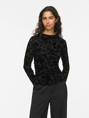 VILA Black Floral Embossed Mesh Long Sleeve Top - Image 1 of 3