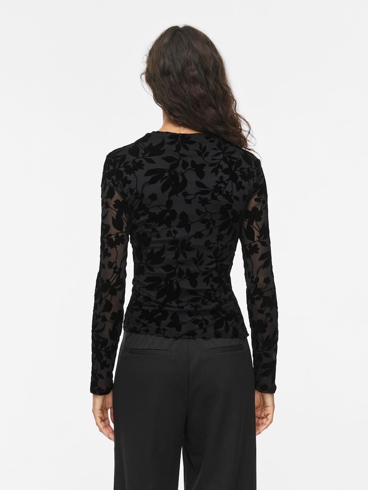 VILA Black Floral Embossed Mesh Long Sleeve Top - Image 2 of 3 VILA Black Floral Embossed Mesh Long Sleeve Top - Image 2 of 3