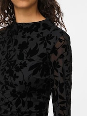 VILA Black Floral Embossed Mesh Long Sleeve Top - Image 3 of 3