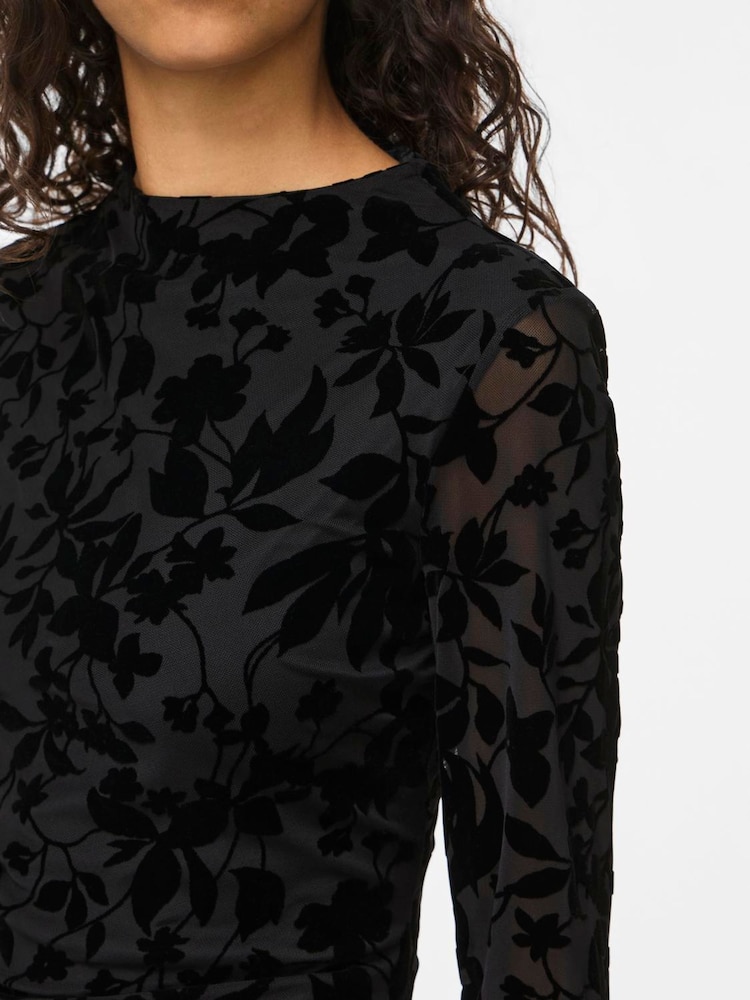 VILA Black Floral Embossed Mesh Long Sleeve Top - Image 3 of 3 VILA Black Floral Embossed Mesh Long Sleeve Top - Image 3 of 3